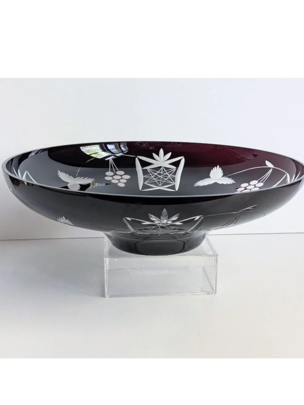 Vintage Dark Ruby Cut to Clear Crystal Fruit Bowl Dish Centerpiece 11.75